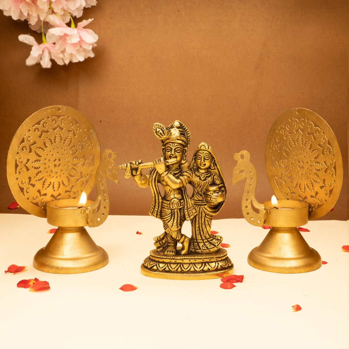 Ekhasa 100% Pure Brass Radha Krishna Murti & Tealight Candle Holder | Radha Krishna Statue | Radha Krishna Idol for Gift | Radhe Krishna ki Murti for Pooja Room, Home Decor (Combo)