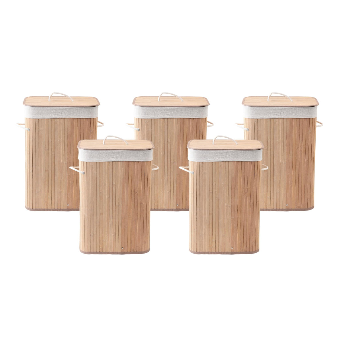 Kuber Industries Pack of 5 Rectangle Bamboo Laundry Basket For Clothes With Lid | 72 Ltr Washing Clothes Storage Bag & Laundry Box - Light Brown