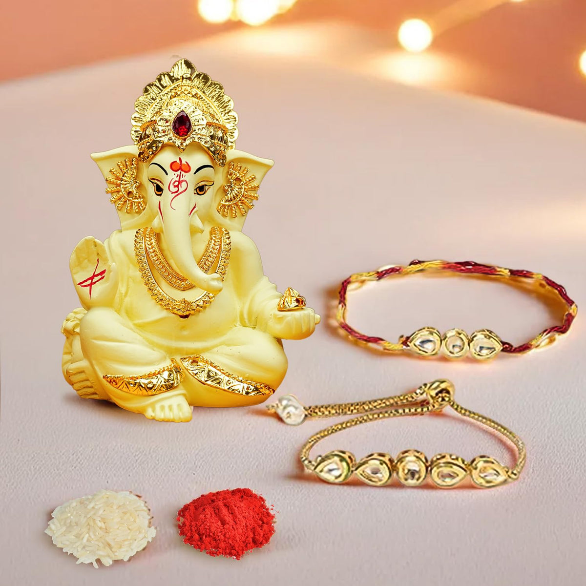 Ekhasa Rakhi Gift Set for Brother | Bhaiya Bhabhi Raakhi with Ganesha Idol Combo | Designer Lumba Rakhis | Raki for Kids Bracelet for Men, Women | Rakshabandhan Rakhee Combo Kit with Roli & Chawal