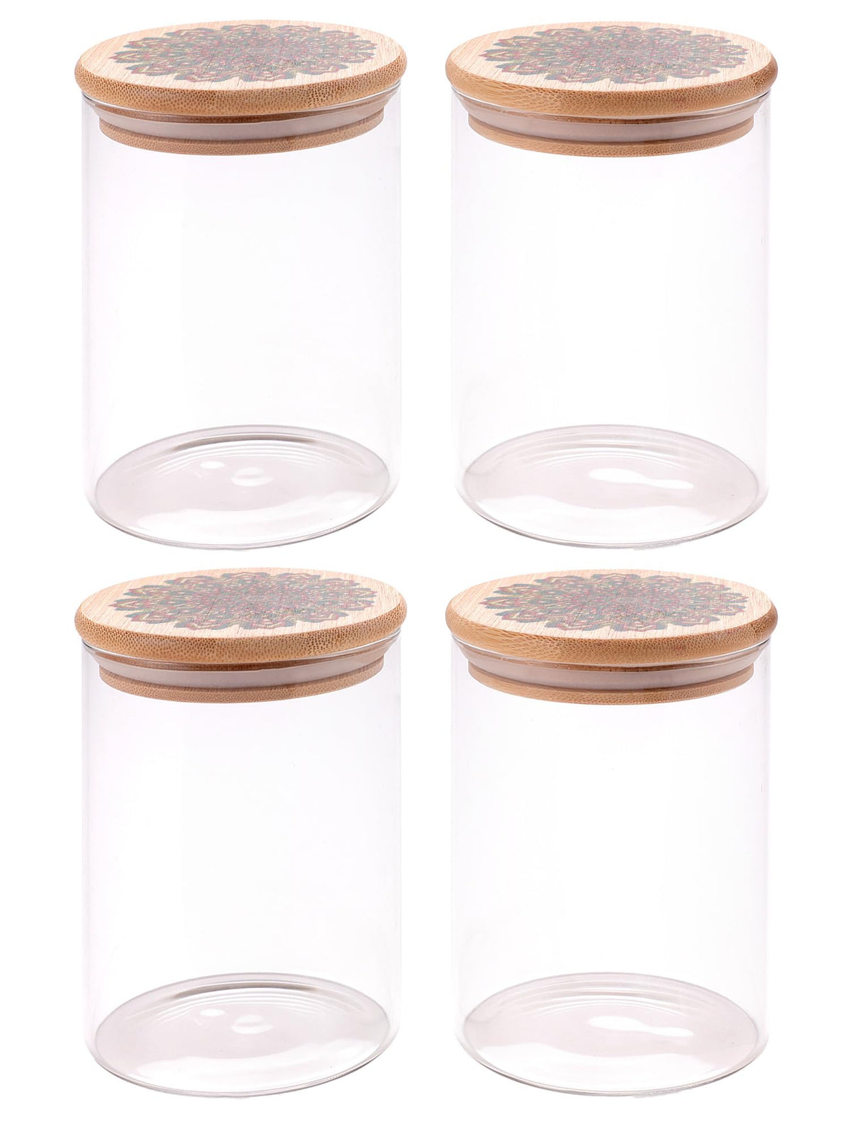 UMAI Pack of 4 Kitchen Containers Set Glass Jars with Printed Bamboo Lids I Airtight Storage for Cookies, Snacks, Spices I 600 ml Each | Multiutility Borosilicate Jars for Tea, Coffee, Sugar