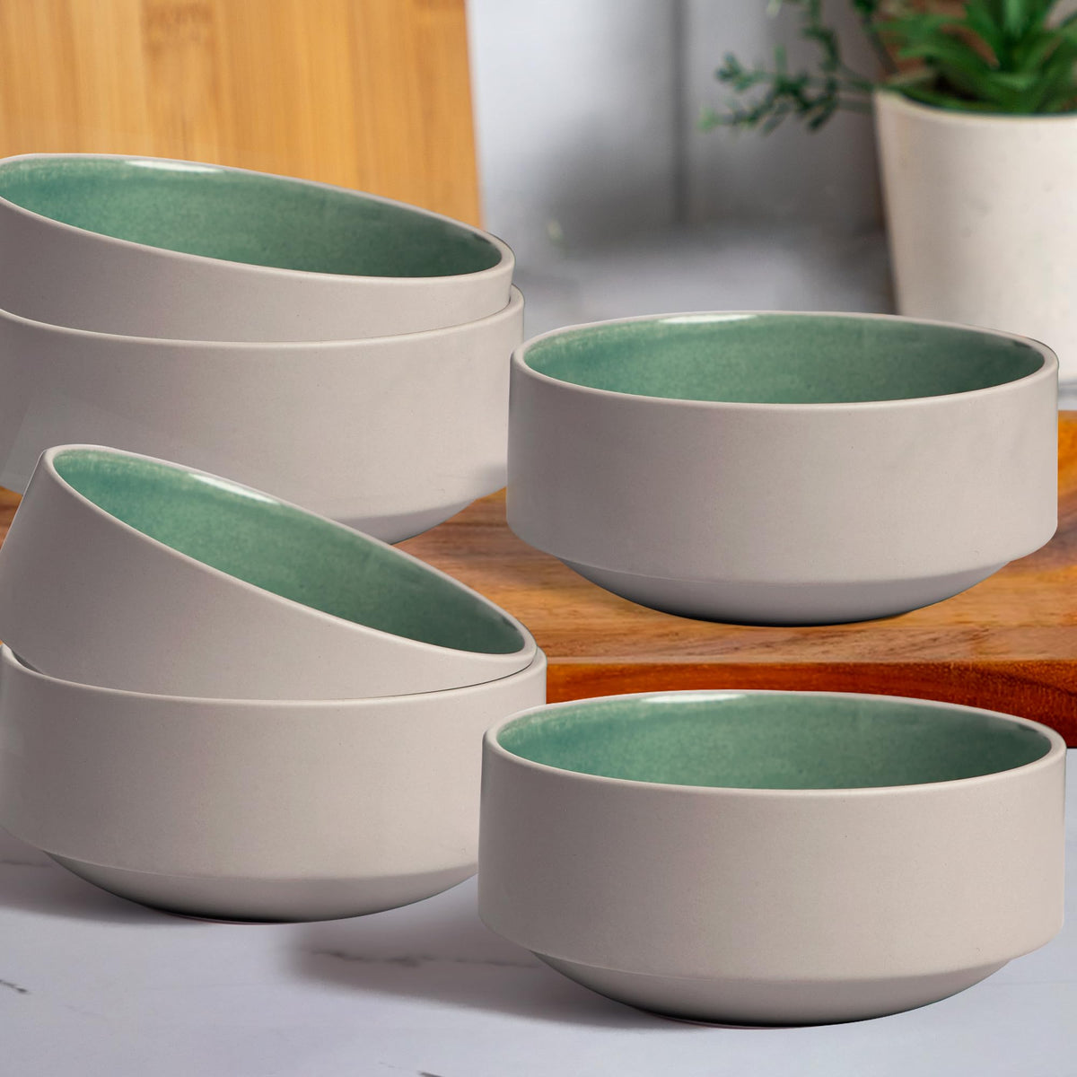 Anko 6" Glazed Stoneware Bowls - Set of 6 | Lightweight Daily Use Premium Crockery for Dining Table Ideal for Serving Soup, Salad, Dessert | Designer Bowls for Home, Kitchen, Restaurant | Sage Green