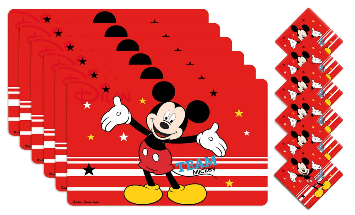 Kuber Industries Disney Team Mickey PVC 6 Pieces Dining Table Placemat with Tea Coasters Set (Red) - (CTKTC046244)