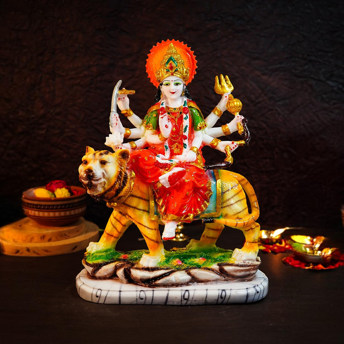 Ekhasa Aura Series Big Size Marble Dust Durga Maa Idol (1 Feet) | Handpainted Durga MATA Murti for Home Decor, Puja | Resin MATA Rani Murti | Maa Durga Murti for Gift | Sherawali MATA Murti