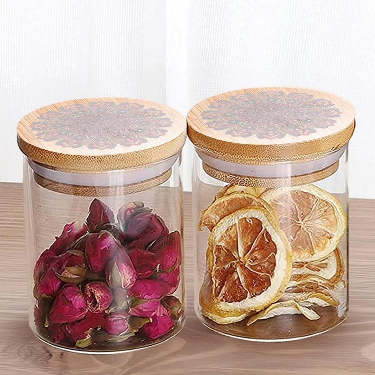 Ekhasa Airtight 100% Borosilicate Glass Jars with Printed Bamboo Lid (Set of 2, 300ml) | Glass Container for Kitchen Storage | Kitchen Containers Set Glass | Air Tight Glass Jar with Wooden Lid