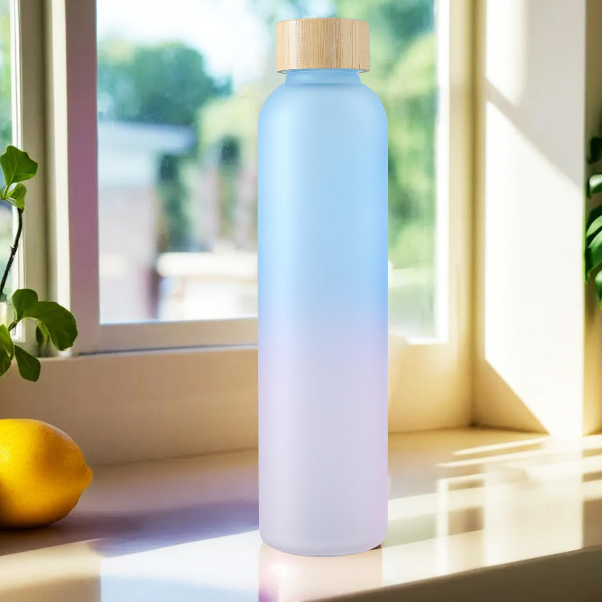 UMAI Water Bottle | Borosilicate Glass | Gradient Water Bottle With Bamboo Lid For Home Office & Travel Use | Dishwasher Safe Leak Proof | 750ml | Glass Water Bottle For Fridge | Blue-Pink