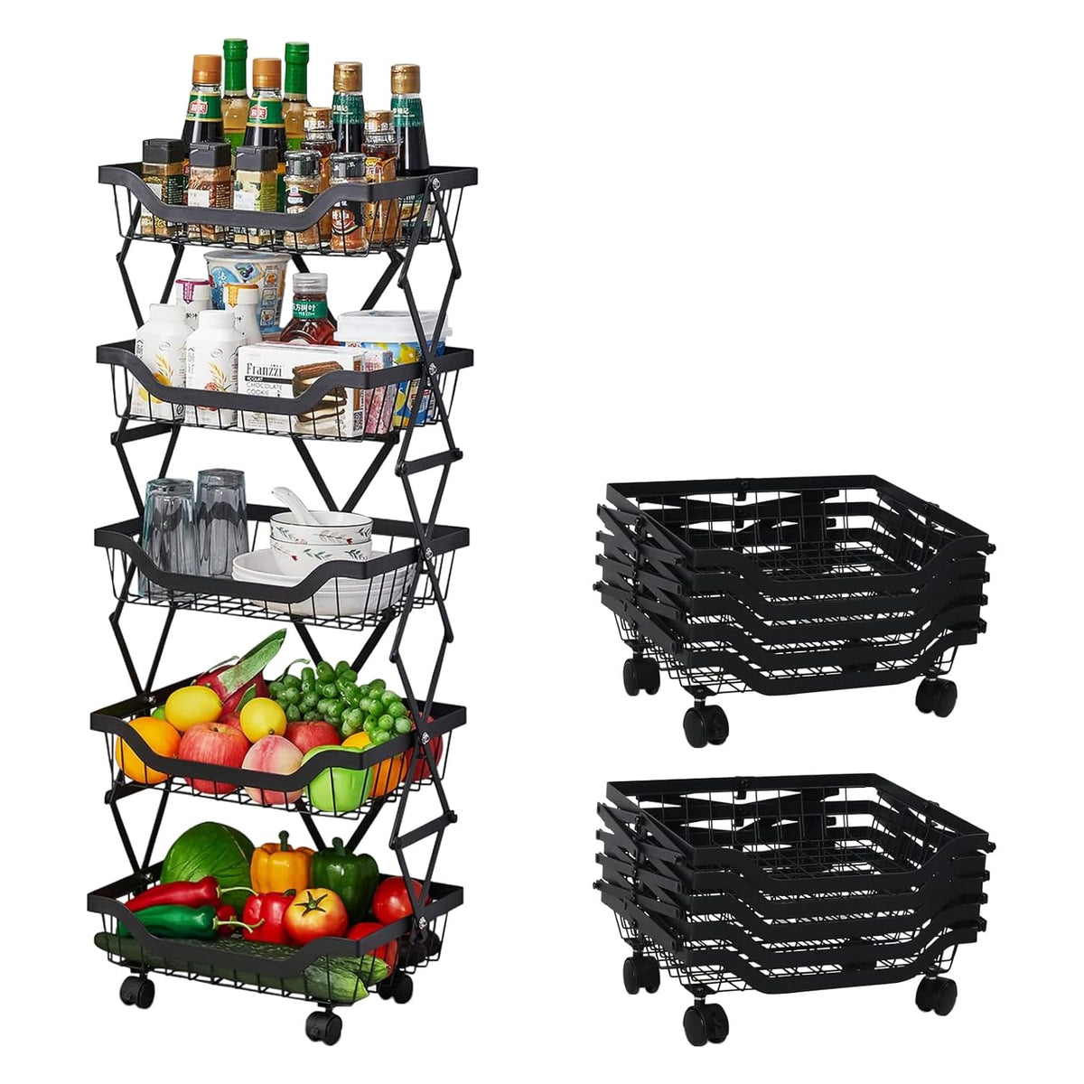 Kuber Industries 5-Layer Collapsible Kitchen Rack|Multipurpose Storage Basket|360-Degree Rotable Kitchen Trolley|Fruit Basket Pack of 3 (Black)
