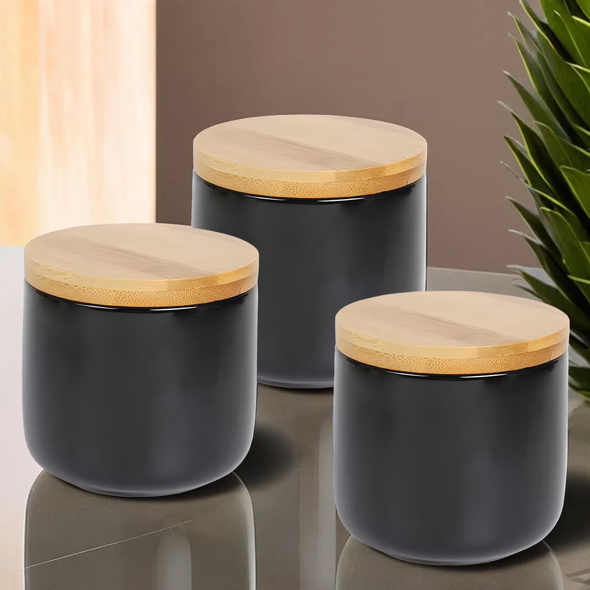 UMAI 260ml Ceramic Jar for Kitchen Storage | Airtight Container Set with Bamboo Lid | Kitchen Container for Snacks, Tea, Sugar | Multipurpose Organizer | Black | Pack of 3