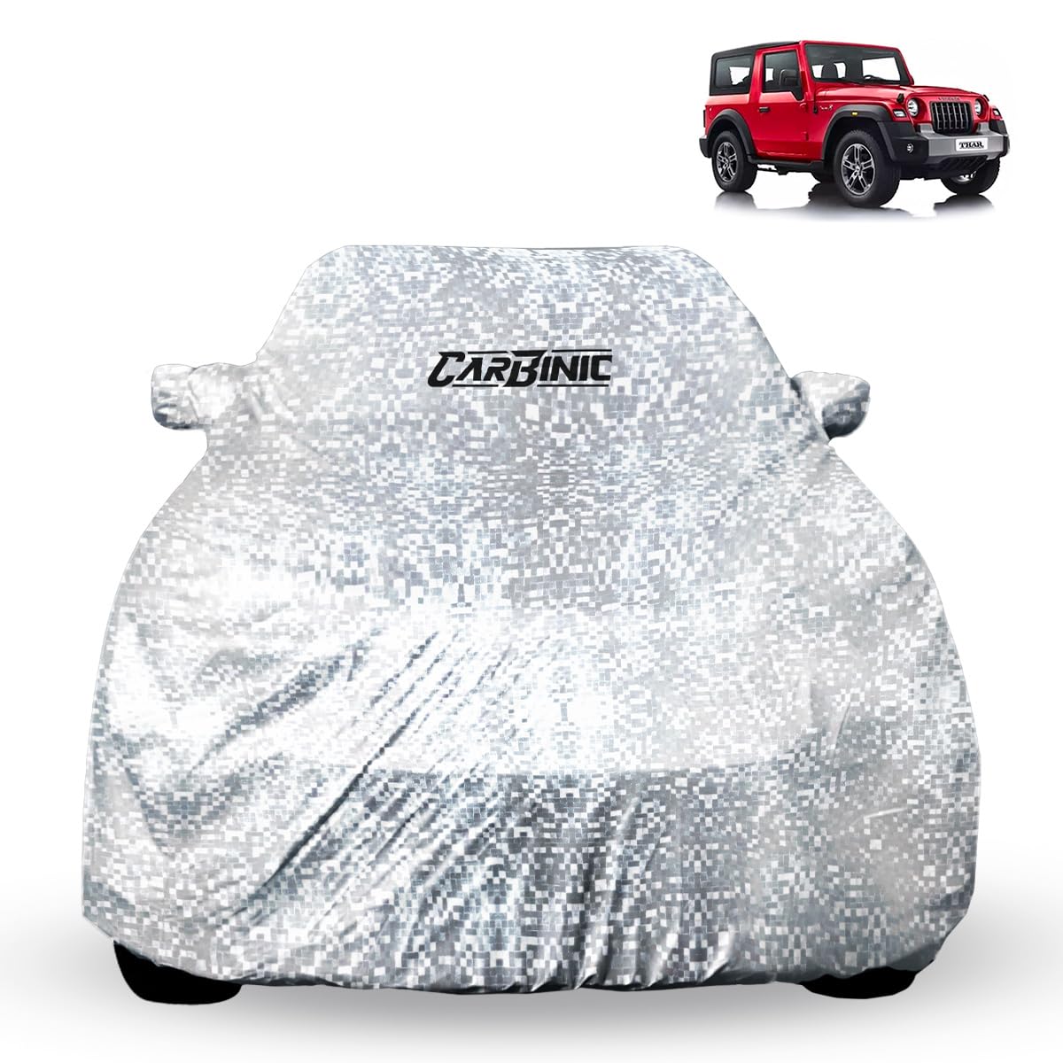 CARBINIC Waterproof Car Body Cover for Mahindra Thar 2020 | Dustproof, UV Proof Car Cover | Thar Car Accessories | Mirror Pockets & Antenna Triple Stitched | Double Layered Soft Cotton Lining, Silver