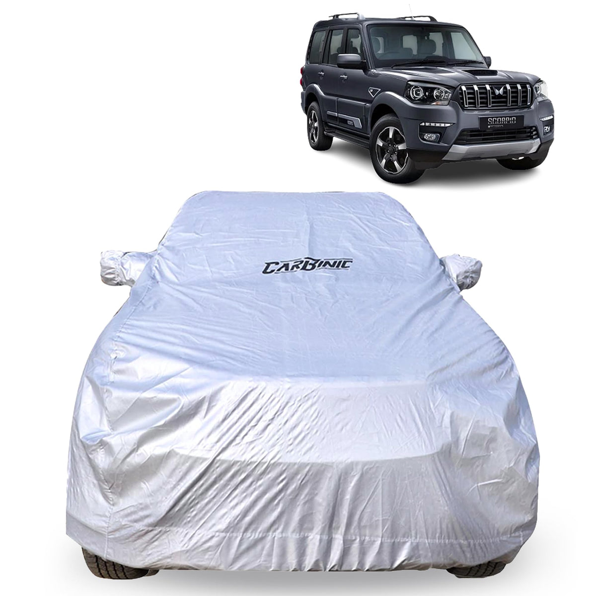 CARBINIC Car Body Cover for Mahindra Scorpio N 2022 | Water Resistant, UV Protection Car Cover | Scratchproof Body Shield | Dustproof All-Weather Cover| Mirror Pocket & Antenna |Car Accessories-Silver