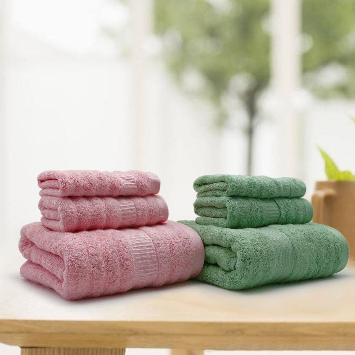 Mush Bamboo 6 PieceTowels Set | Ultra Soft, Absorbent and Antimicrobial 600 GSM (Bath Towel, Hand Towel and Face Towel) Perfect for Daily Use and Gifting (Olive & Pink)