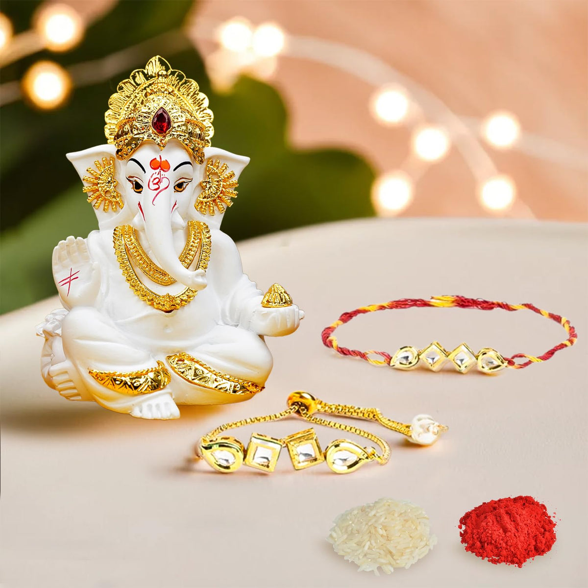 Ekhasa Rakhi Gift Set for Brother | Bhaiya Bhabhi Raakhi with Ganesha Idol Combo | Designer Lumba Rakhis | Raki for Kids Bracelet for Men, Women | Rakshabandhan Rakhee Combo Kit with Roli & Chawal