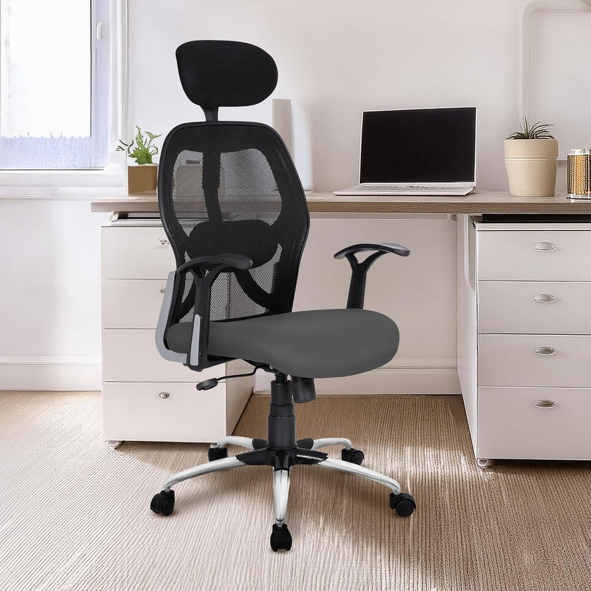 Kuber Industries Ergonomic Office Chairs for Work from Home | Comes with Manual Height Adjustable, Armrest, Headrest & Lumbar Support | Comfy Study Chair for Students with Wheels | Black & Grey Seat