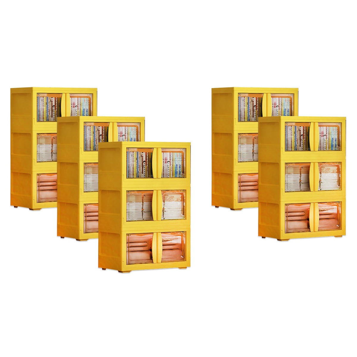 Kuber Industries (Set of 5) 3-Layer Double Door Almirah for Clothes - Collapsible & Foldable Dress Racks/Plastic Cupboard for Storage - Yellow