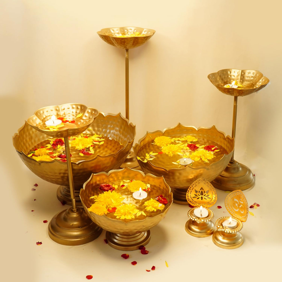 Ekhasa Big Combo Pack Taj Urli Bowl Stand & Tealight Holder for Home Decor | Floating Flowers Water Bowl Decorative Items (3 Bowls+3 Stands+2 Tealight Holders) for Diwali Pooja, Festivals Decoration