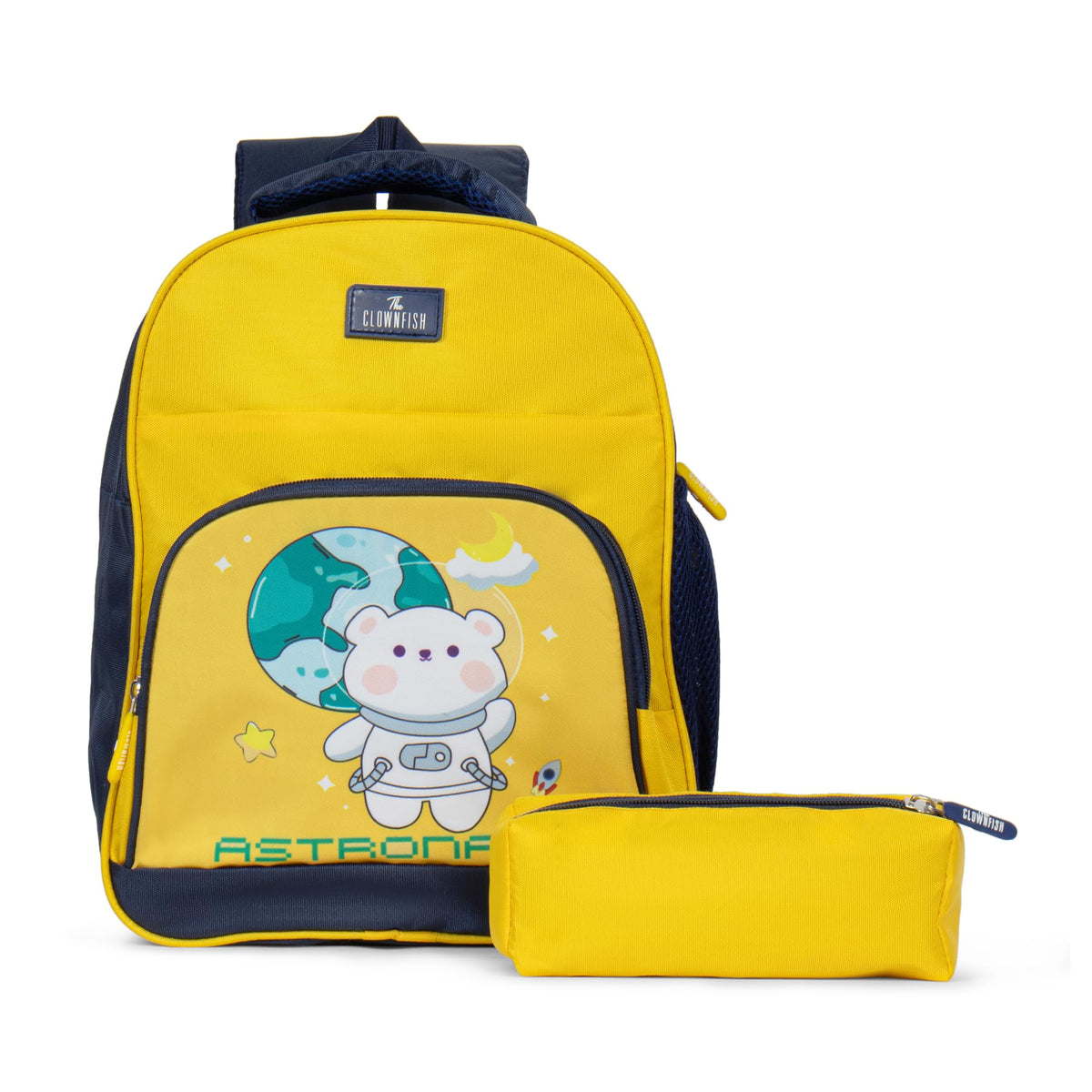 THE CLOWNFISH Mini Explorer Series Printed Polyester 12 Litres Kids Backpack School Bag with Pencil Staionery Pouch Daypack Picnic Bag for Tiny Tots. Age 3-5 Years (Yellow - Astronaut)