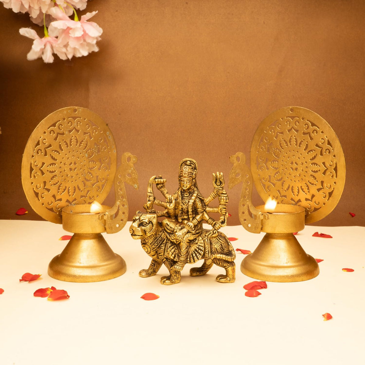 Ekhasa Pure Brass Durga Maa Idol & Tealight Candle Holder (12.8cm) | Durga MATA Murti for Home Decor, Puja Room | MATA Rani Murti for Office Desk | Maa Durga Idol for Gift | Sherawali Ma Idol (Combo)