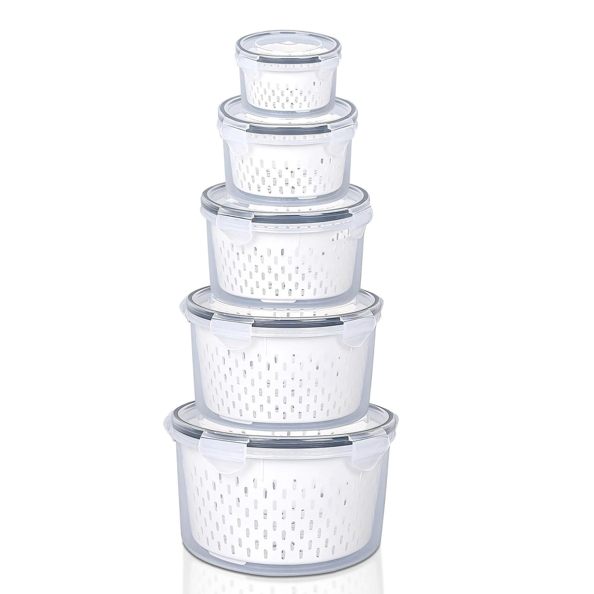 Urbane Home ( Pack of 5 Food Containers | Round Storage Box for Fridge | Vegetable Fruit Strainer Basket | Refrigerator Storage Box | Containers With Airtight Lid | HXP00288 | Transparent