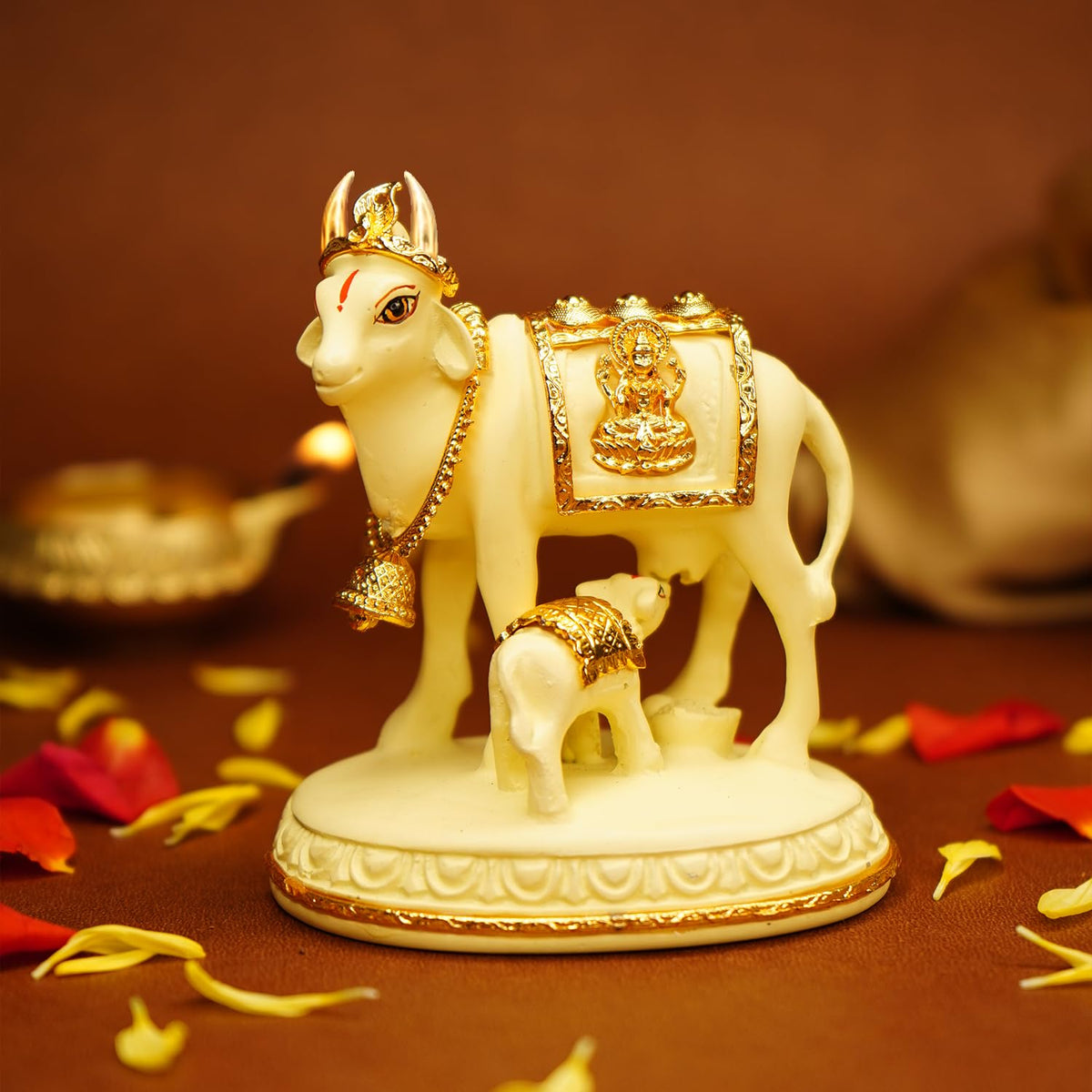 Ekhasa Kamdhenu Cow with Calf Vastu Idol | Gomatha Cow and Calf Statue for Pooja | Resin Cow Calf Idol for Home Decor, Vastu, Feng Shui, Pooja Room, Good Luck, Gift for Griha Pravesh Ceremony