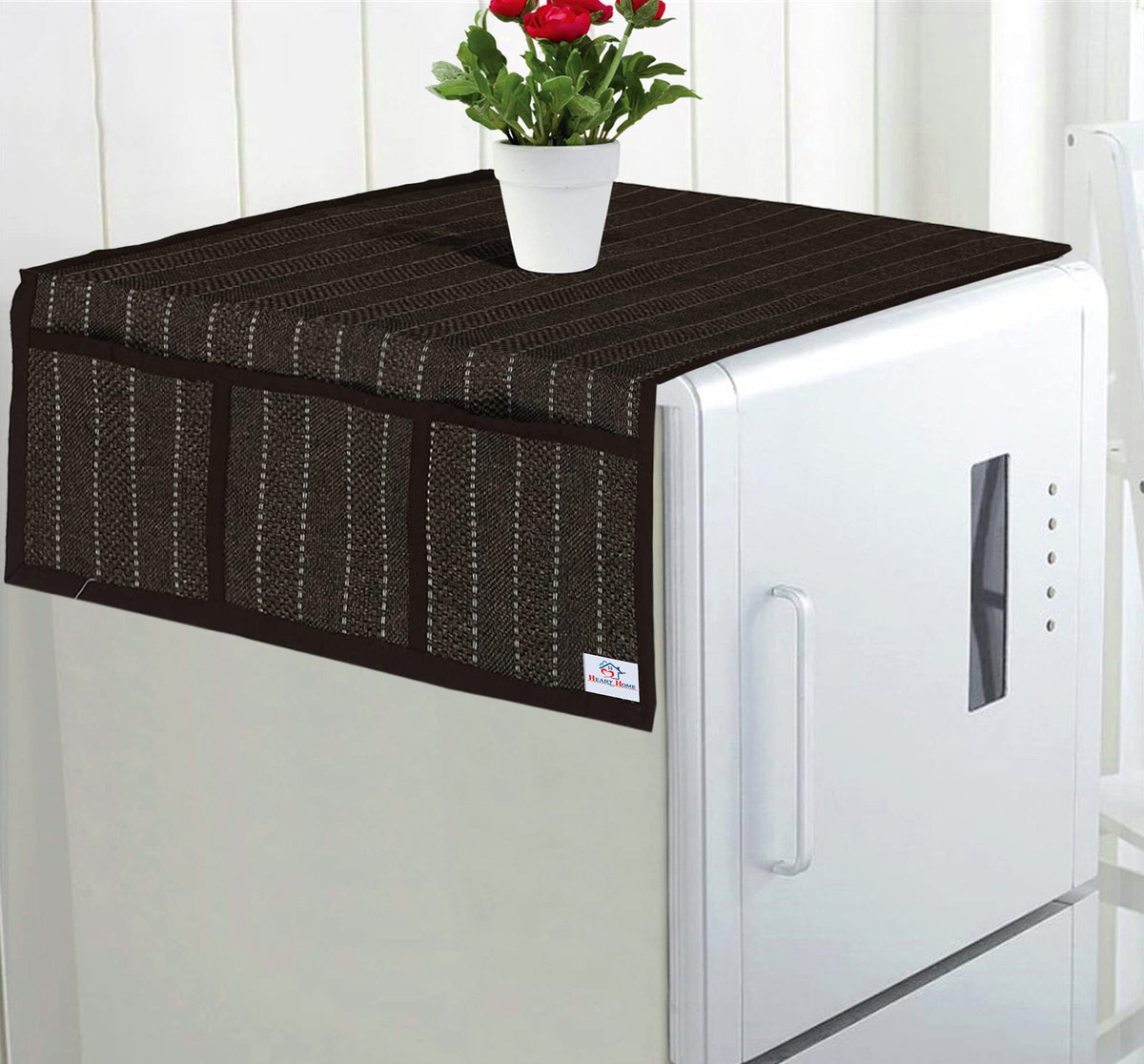 Heart Home Fridge Top Cover with 6 Utility Side Pockets|Lining Design & Jute Material|Size 94 x 54 CM (Brown)-HS_38_HEARTH21052