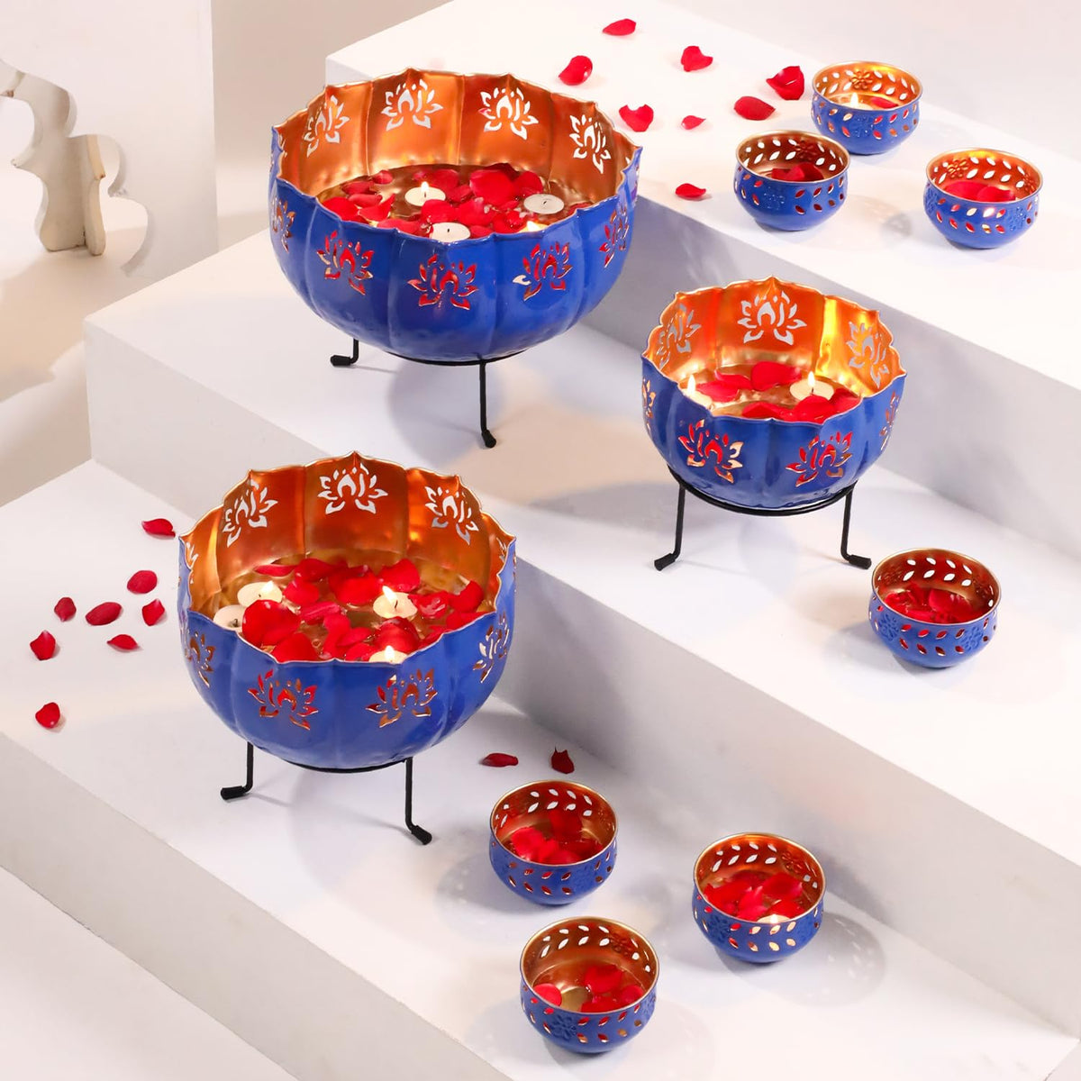 Ekhasa Big Combo Pack Urli Bowl Set with Stand for Home Decor and Decorative Items (includes 3 Bowls, 3 Stands, 7 Tealight Holders) | Floating Flowers Water Bowl for Diwali Pooja, Festival Decoration