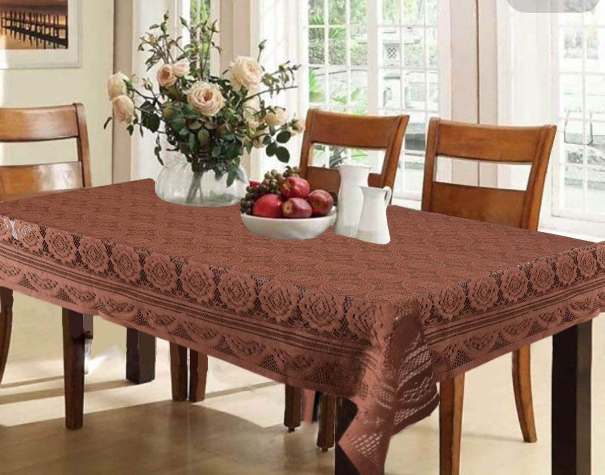 Heart Home Circle Design Cotton 6 Seater Dining Table Cover (Brown)- (CTHH04432)