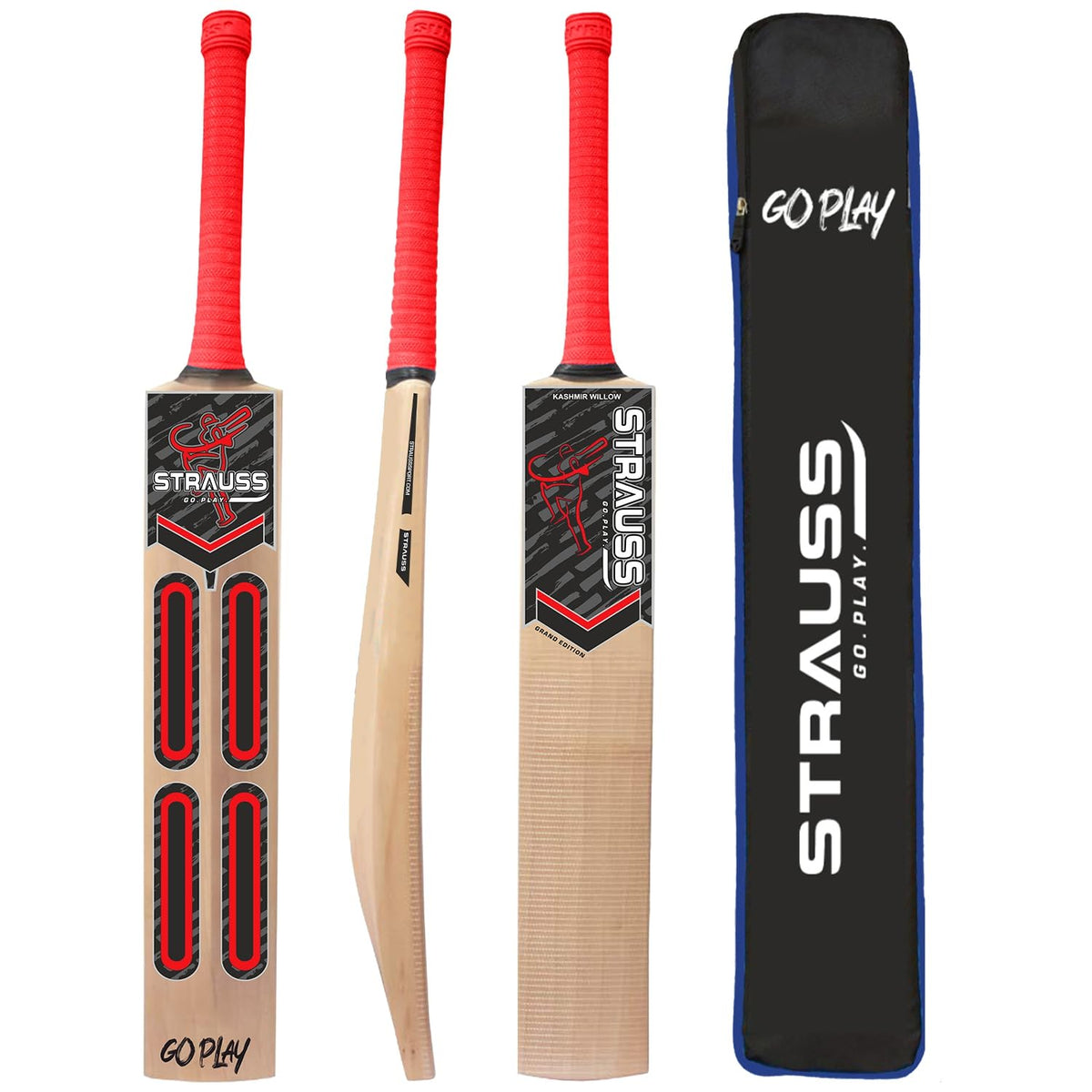 STRAUSS Grand Edition Kashmir Willow Scoop Cricket Bat |Size: Short Hand |Red| Suitable for Tennis Ball|Ideal for Boys/Youth/Adults (900-1050 Grams)