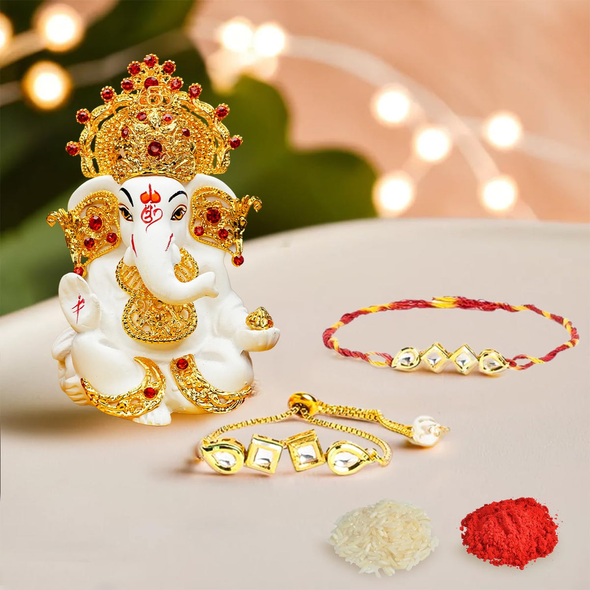 Ekhasa Rakhi Gift Set for Brother | Bhaiya Bhabhi Raakhi with Ganesha Idol Combo | Designer Lumba Rakhis | Raki for Kids Bracelet for Men, Women | Rakshabandhan Rakhee Combo Kit with Roli & Chawal