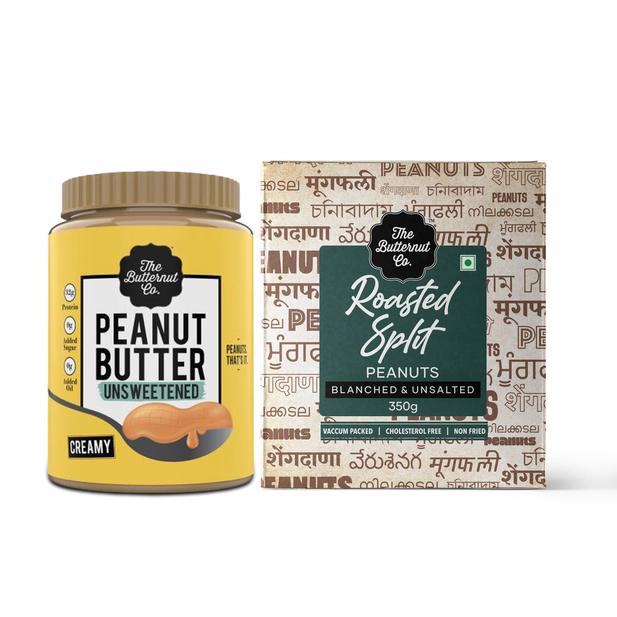 The Butternut Co. Unsweetened Peanut Butter Creamy 800g & Roasted Split Peanuts 350g - 1.15kg Combo Value Pack