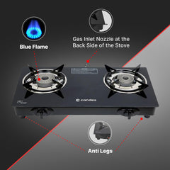 Candes Glass Automatic Gas Stove 2 Burners With Premium Die Cast Alloy | Tornado Burner | 6 mm Toughened Glass Top | Nylon Knob | LPG Compatible | ISI Certified | 1 Yr Warranty | Black
