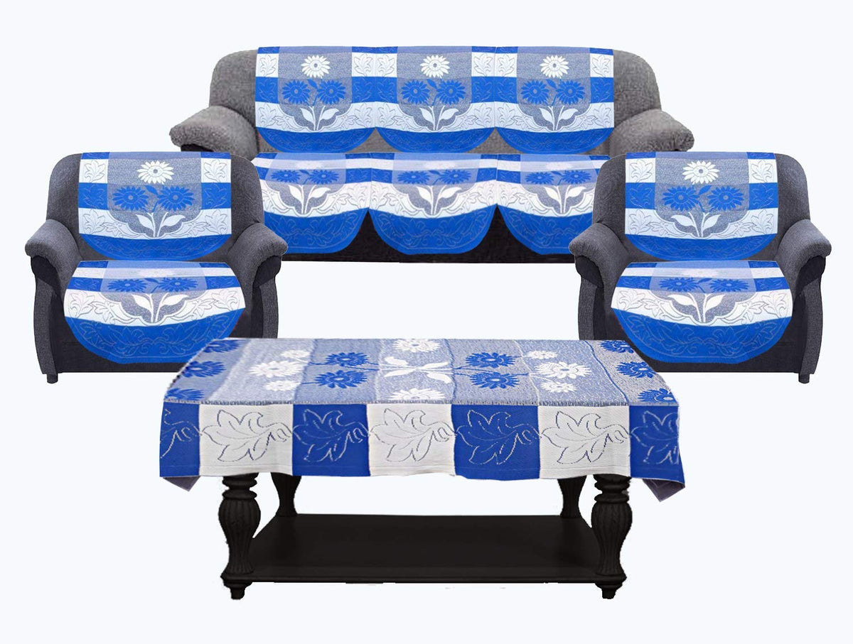 Kuber Industries Flower Cotton 7 Piece 5 Seater Sofa Cover with Center Table Cover (Blue) - CTKTC22284