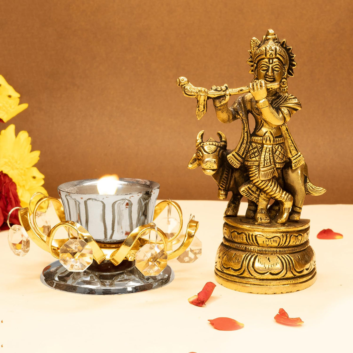 Ekhasa 100% Pure Brass Lord Krishna Idol with Flute & Tealight Candle Holder (12.8 cm) | Shree Krishna Statue for Home Decor | Kanha Ji ki Murti for Office Desk | Sri Krishna Idols Gift (Combo)