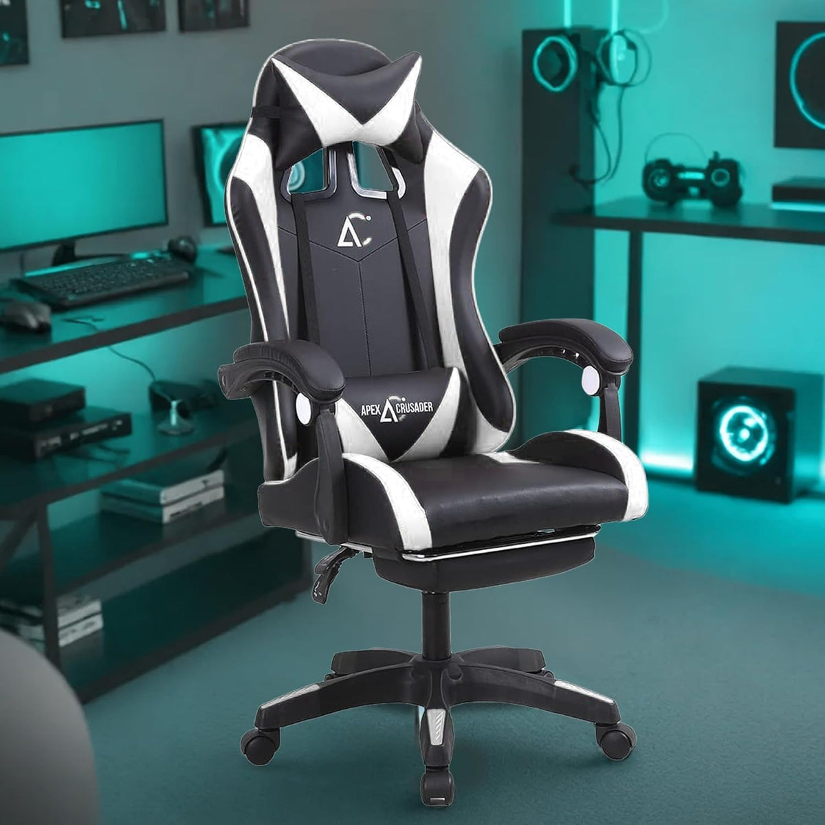 Kuber Industries Ergonomic PC Gaming Chairs with Wheels | Comes with Headrest, Lumbar Support Cushions & Footrest | Comfortable Chair for Long Sitting & Back Pain Relief | 2023-6F-BW-Black & White