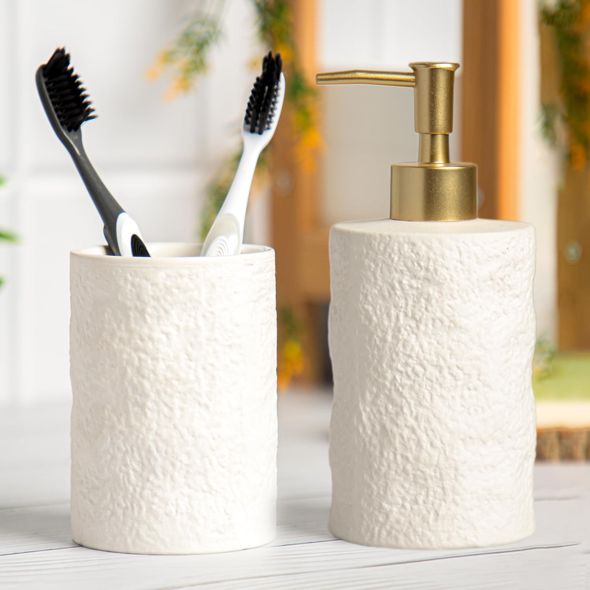 Anko Textured Soap Dispenser and Tumbler Set- 1Pc Each | Bathroom Sanitizer, Lotion, Shampoo Dispenser | Toothbrush Holder Stand for Home, Office, Bedroom, Wash Basin | Bathroom Accessories | White