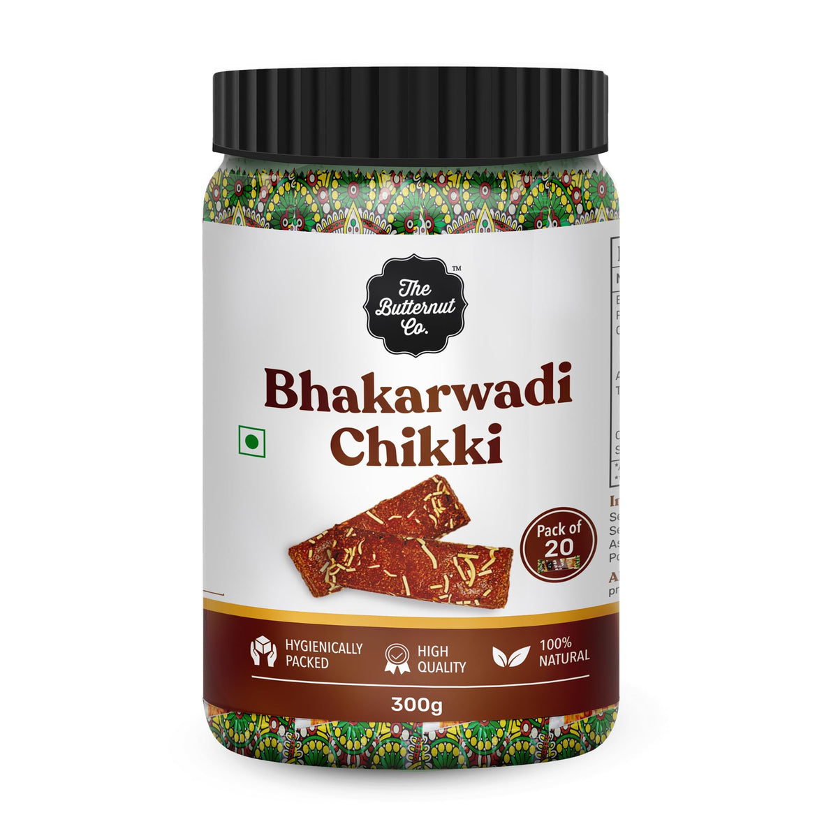 The Butternut Co. Bhakarwadi Chikki, Natural, High Protein & Fibre, Gluten Free, Vegan, Pack of 20 (15g Each)