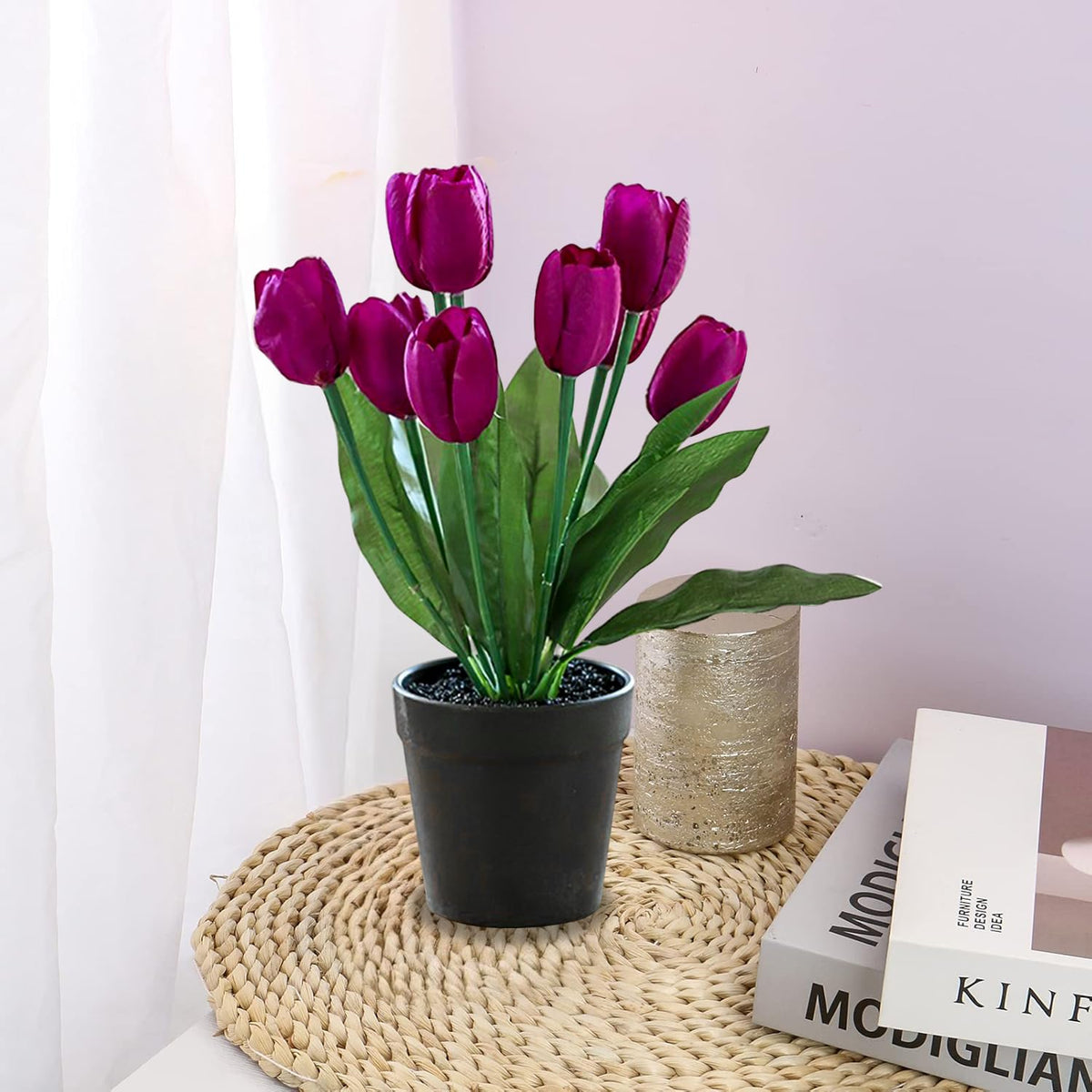 Ekhasa Pink Tulip Artificial Flowers with Vase Pot for Home Decoration (27 CM Total Height, 8 Flower Heads) | Guldasta Flower Pots with Artificial Show Flower for Living Room, Bedroom, Office Decor