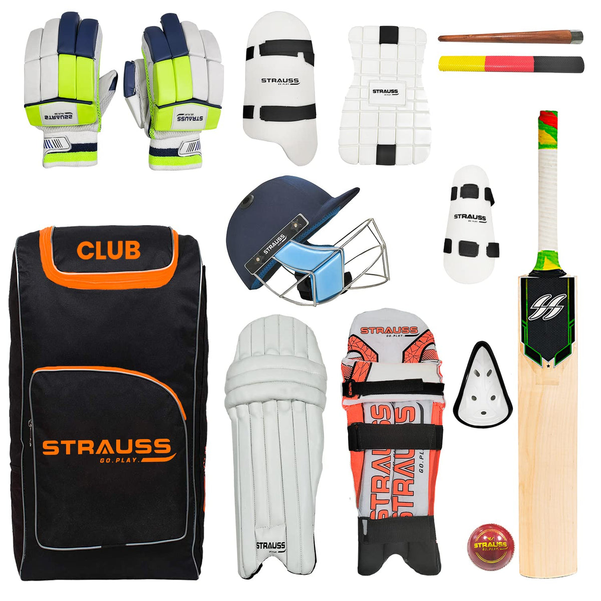 Strauss Cricket Kit | Edition: Club | Complete Cricket Kit Set | Set of 12 | Size: Short Handle | Premium Leather Ball Cricket Kit | Ideal for 15+ | for Right Handed Players