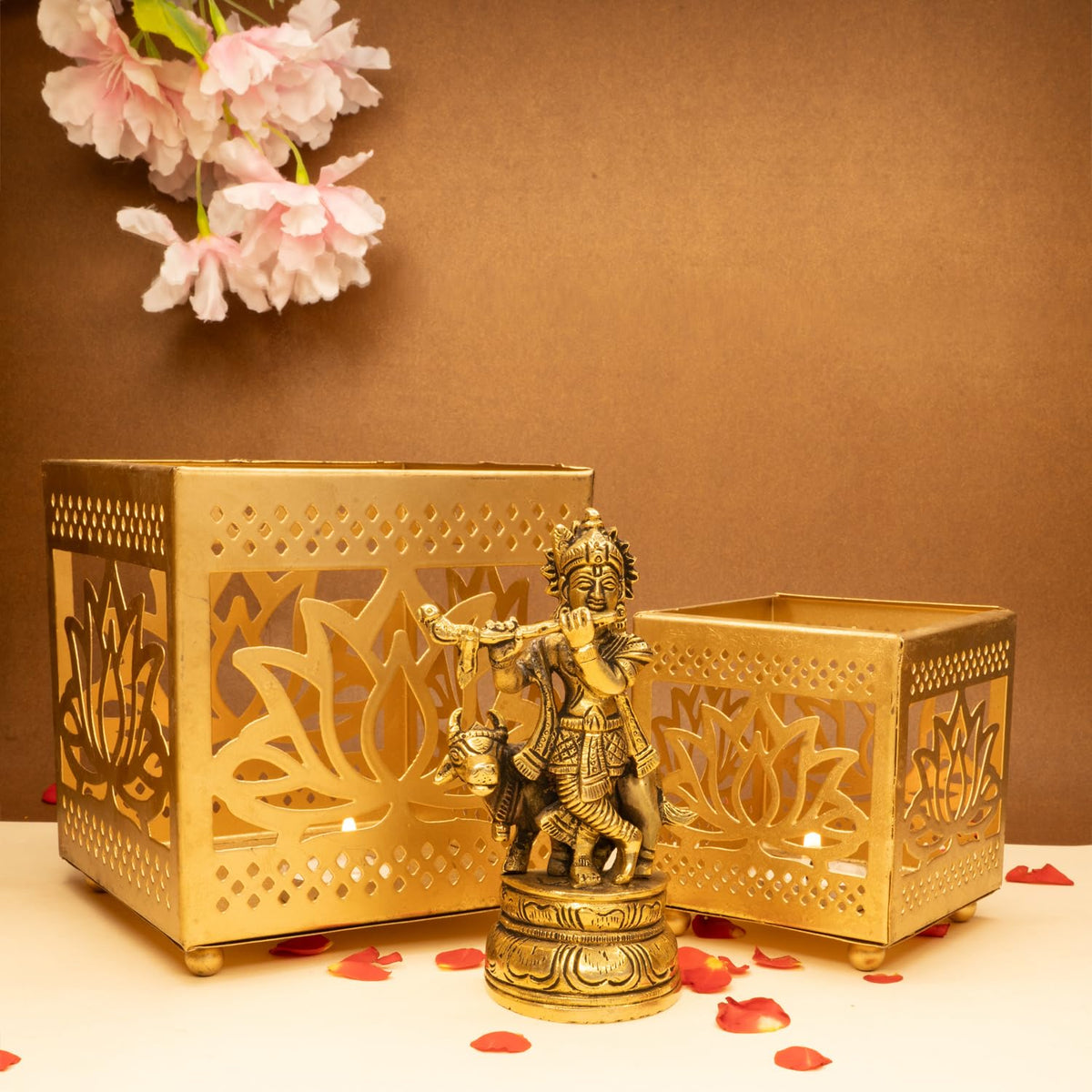 Ekhasa 100% Pure Brass Lord Krishna Idol with Flute & Lotus Tealight Candle Holder (12.8 cm) | Shree Krishna Statue for Home Decor | Kanha Ji ki Murti for Office Desk | Sri Krishna Idols Gift (Combo)