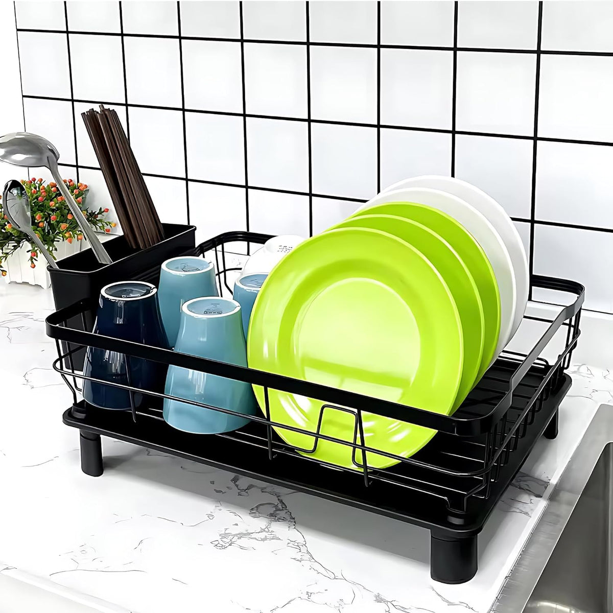 Heart Home Iron Kitchen Rack with Utensil Basket Drainer | Dish Drainer Basket for Kitchen | Multipurpose Kitchen Stand | Space Saving Kitchen Items | Black