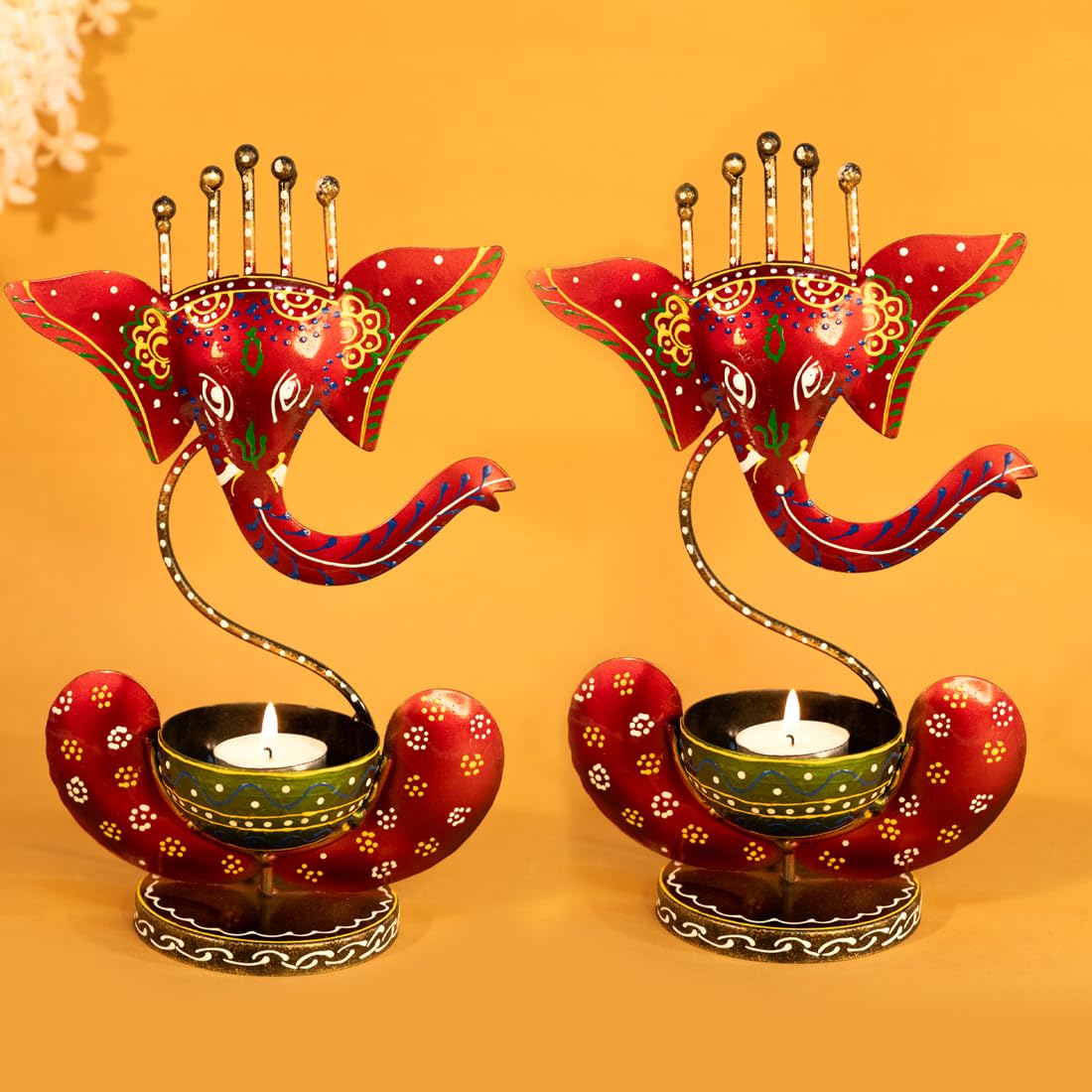 Ekhasa Handpainted Ganesha Metal Tealight Candle Holder for Home Decor | Perfect Candle Stand for Diwali Decoration and Table Décor | Festival & Parties Decorative Candles Gift Items (Set of 2).