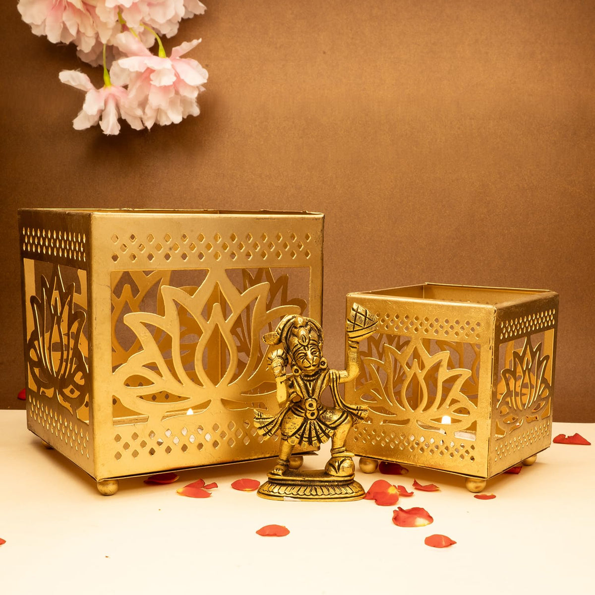 Ekhasa 100% Pure Brass Hanuman Ji Murti & Lotus Tealight Candle Holder for Home Puja (8.4 cm) | Lord Hanuman Idol for Desk, Car & Home Decor | Bajrangbali Murti | Bahubali Hanuman Idol (Combo Set)