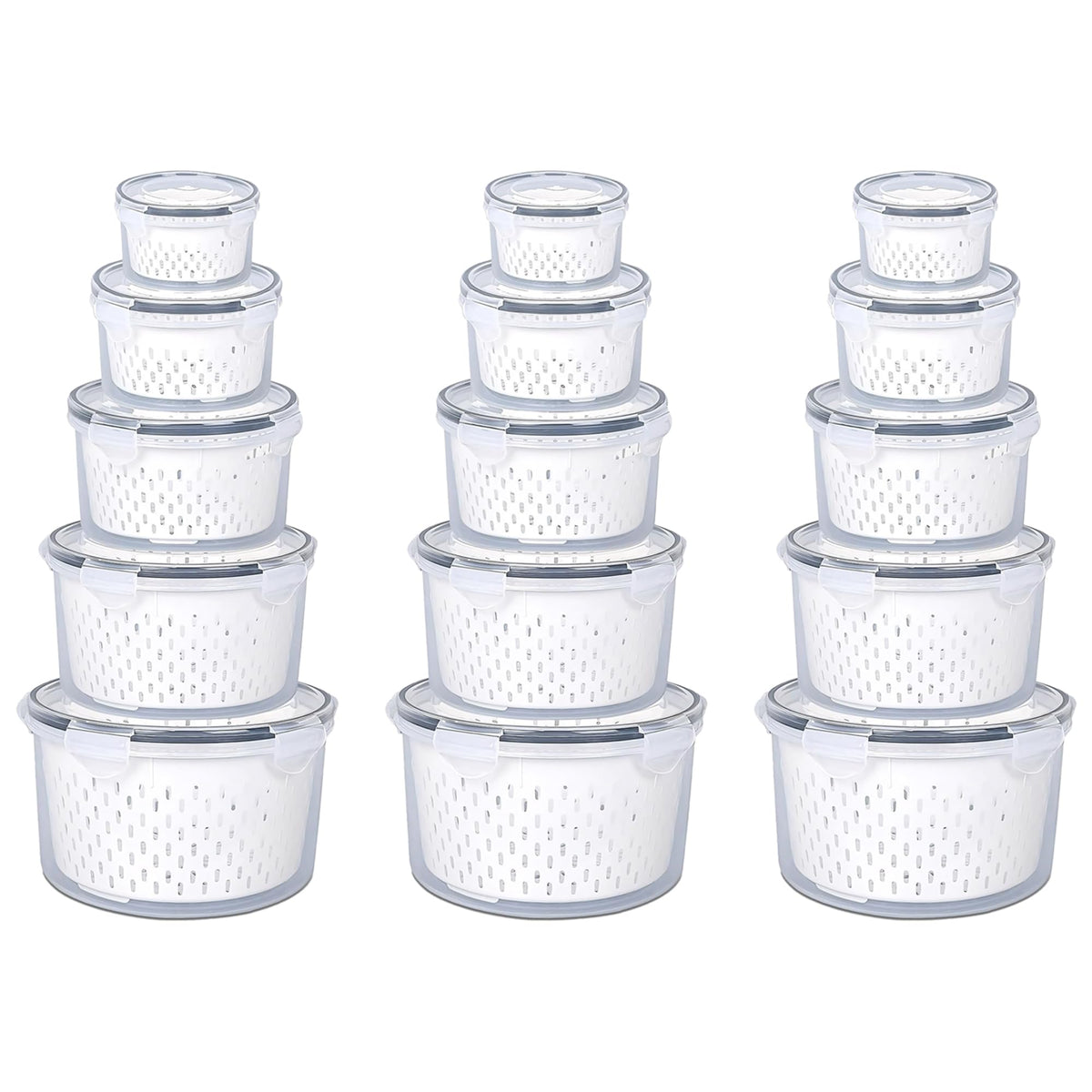 Kuber Industries 15 Pcs Food Containers | Round Storage Box for Fridge | Vegetable Fruit Strainer Basket | Refrigerator Storage Box | Containers With Airtight Lid | HXP00288 | Transparent | Pack of 3