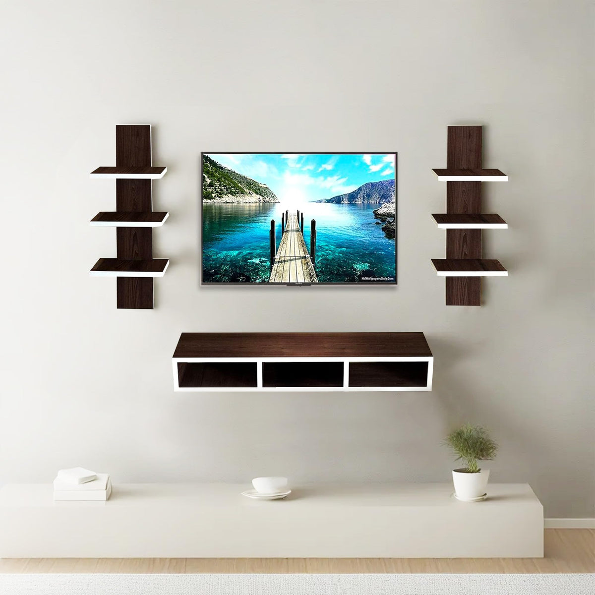 Kuber Industries ‎Wooden Wall Mounted Modular TV Unit for Living Room with Storage Shelf, Suitable for Upto 42 inch LED | TV Cabinet for Living Room & Home | Brown & White