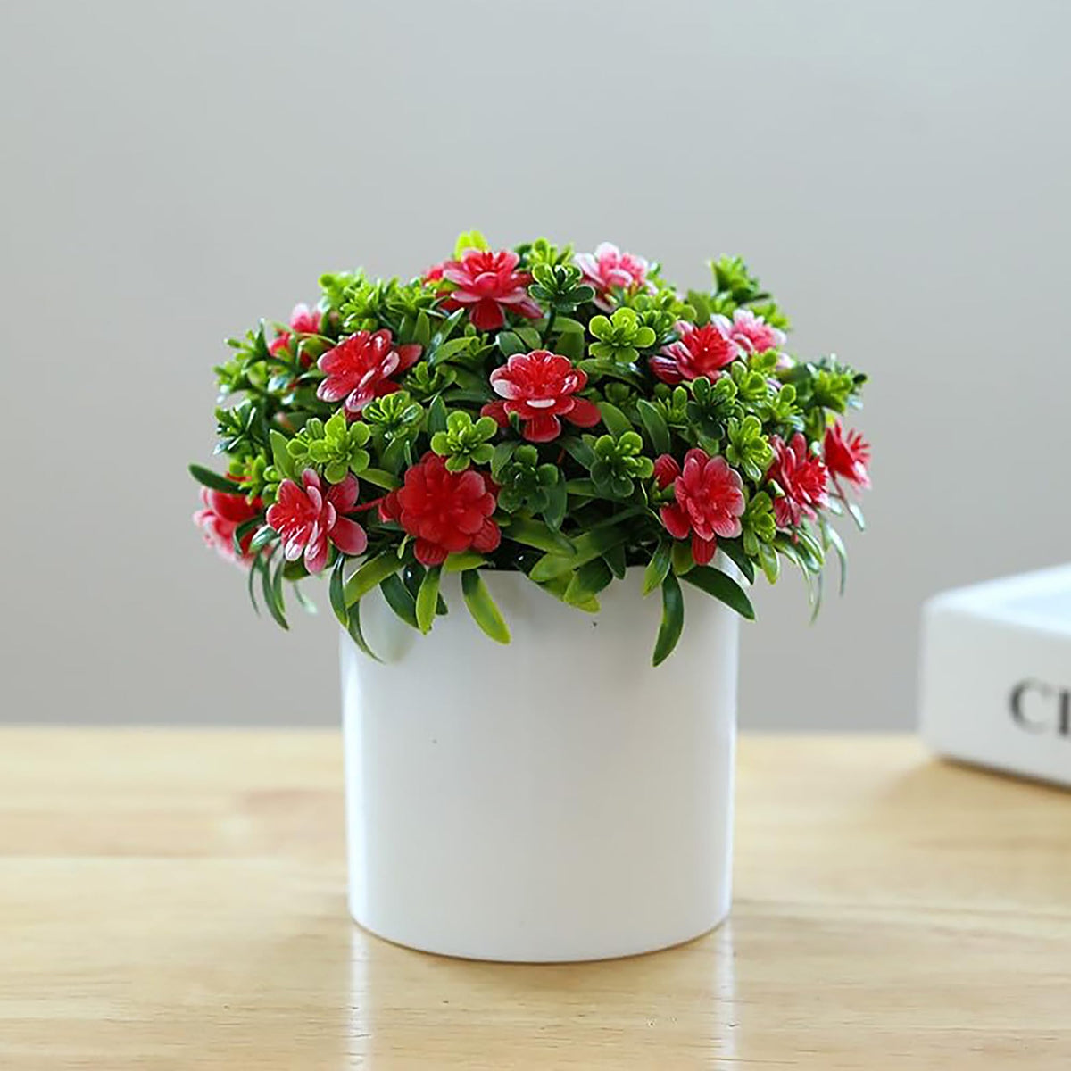 UMAI Artificial Plants for Home Decor with Pot (17cm) Aesthetic Room Decor Items for Living Room, Bedroom | Fake Plants for Office, Reception, Tabletops | Red Flowers for Home Decor Items