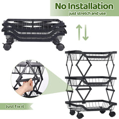 Kuber Industries 5-Layer Collapsible Kitchen Rack|Multipurpose Storage Basket|360-Degree Rotable Kitchen Trolley|Fruit Basket Pack of 2 (Black)