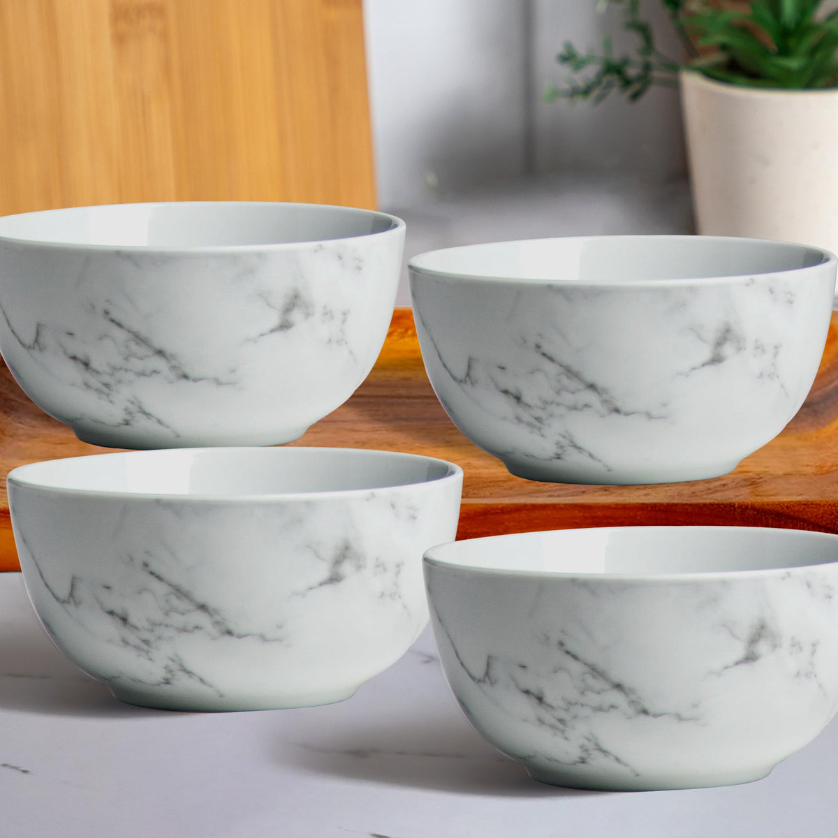 Anko 5.5" Marble Look Glazed Porcelain Bowls - Set of 4 | Premium Crockery for Dining Table Ideal for Serving Soup, Salad, Dessert | Designer Bowls for Home, Kitchen, Restaurant | Marble White