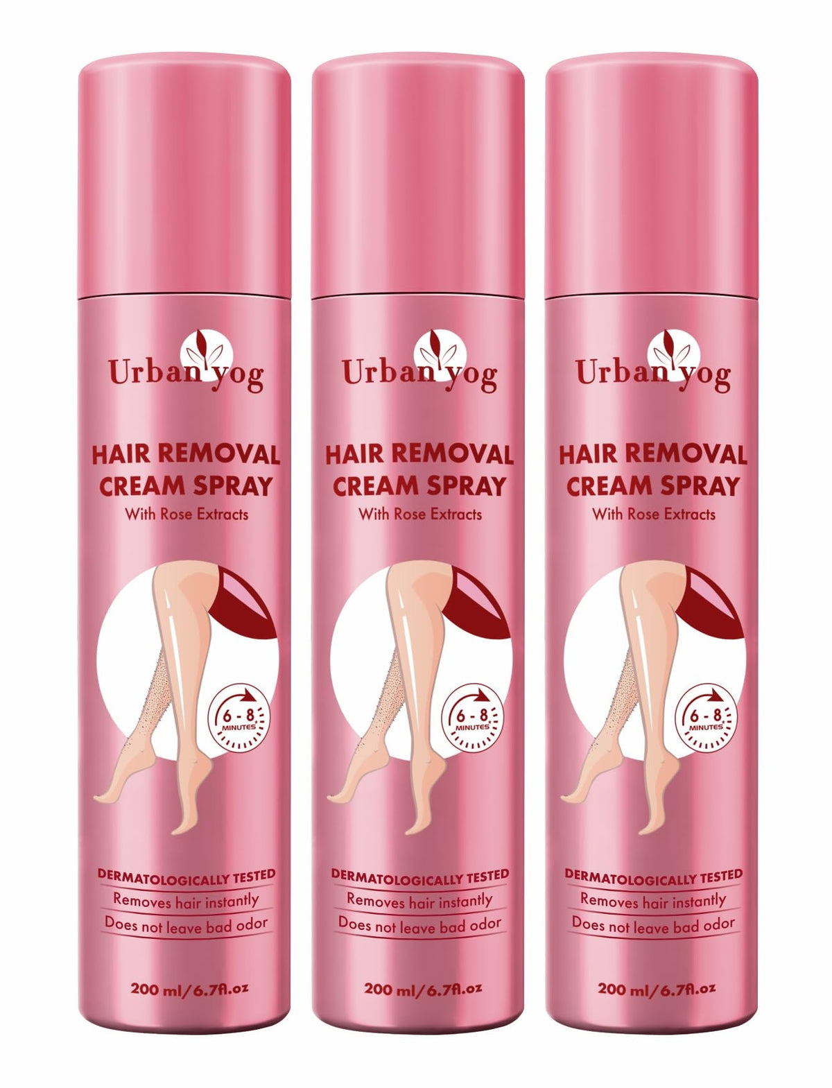 Urban Yog Hair Removal Cream Spray With Rose Fragrance (200 ML * 3 Units) | Pain-free Body Hair Removal for Women