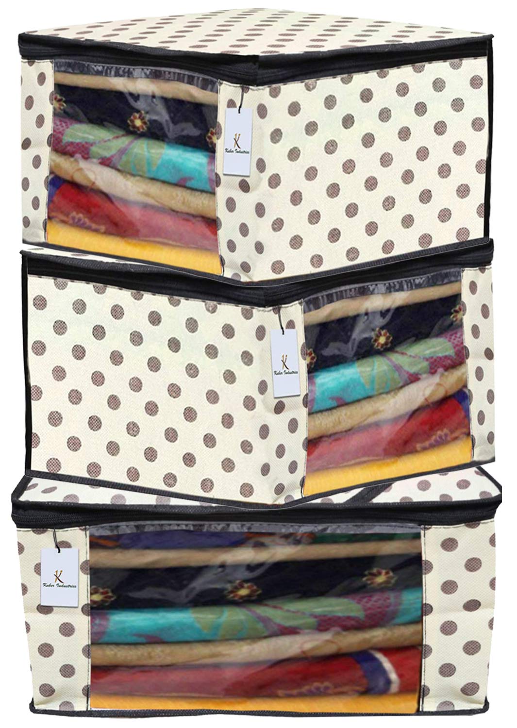 Kuber Industries Polka Dots Printed 3 Pieces Non Woven Fabric Saree Cover/Clothes Organiser for Wardrobe Set with Transparent Window, Extra Large (Ivory)-KUBMART2798