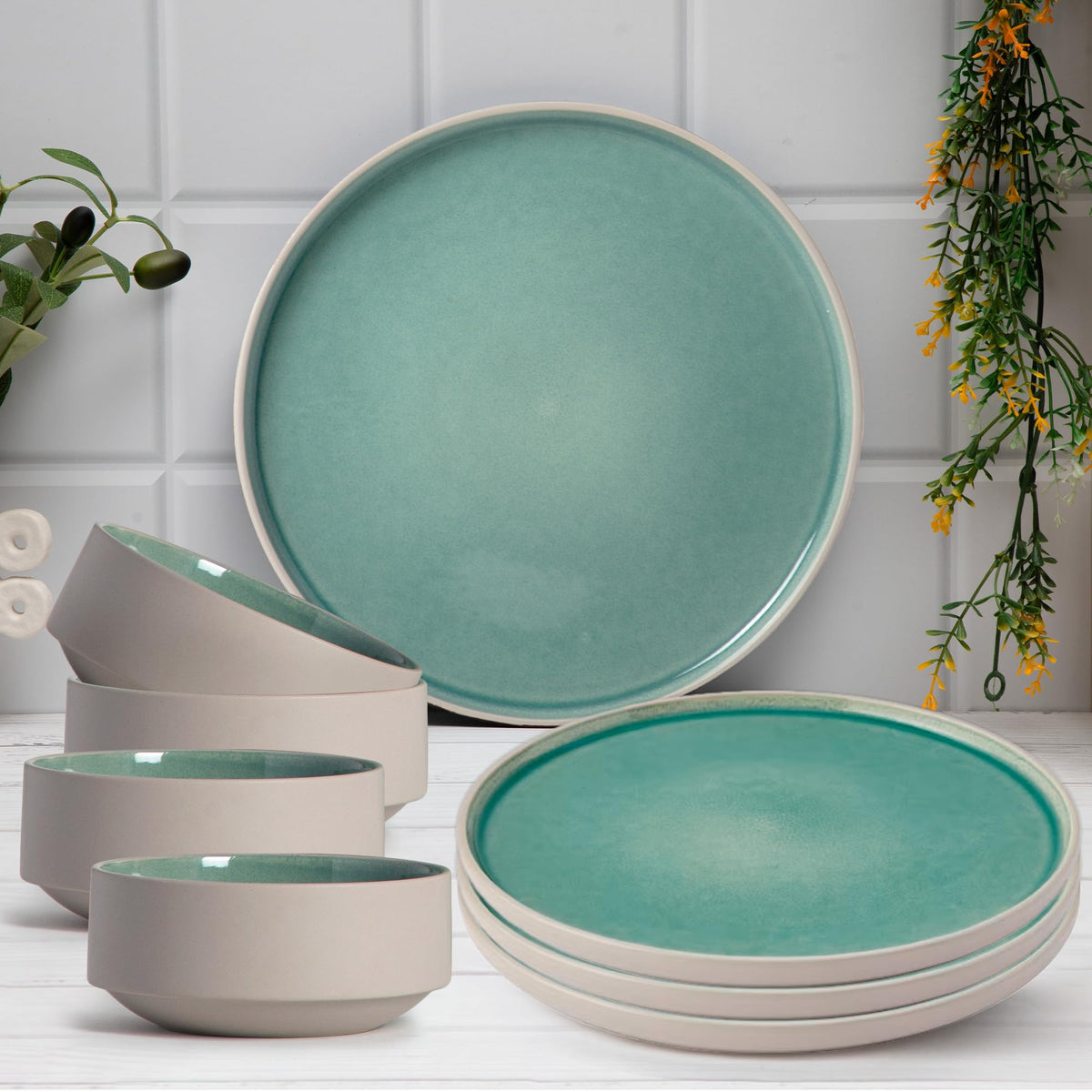 Anko Glazed Stoneware 8 pcs Dinner Set | Premium Crockery for Dining Table, Home, Restaurant, Gifting | Aesthetic Tableware Service Set for 4 | 4 Dinner Plates, 4 Bowls, Sage Green