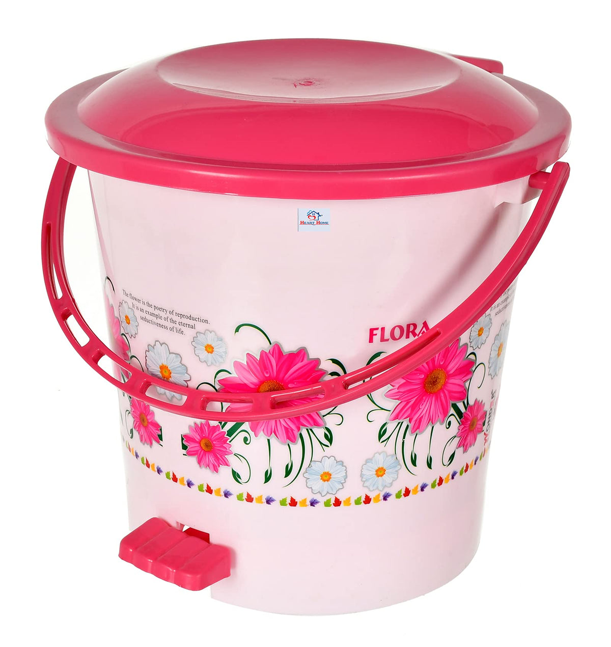 Heart Home Flower Printed Plastic Pedal Dustbin With Lid & Handle For Home/Kitchen/Office, 5 Ltr (Pink) (HS39HEARTH022431)