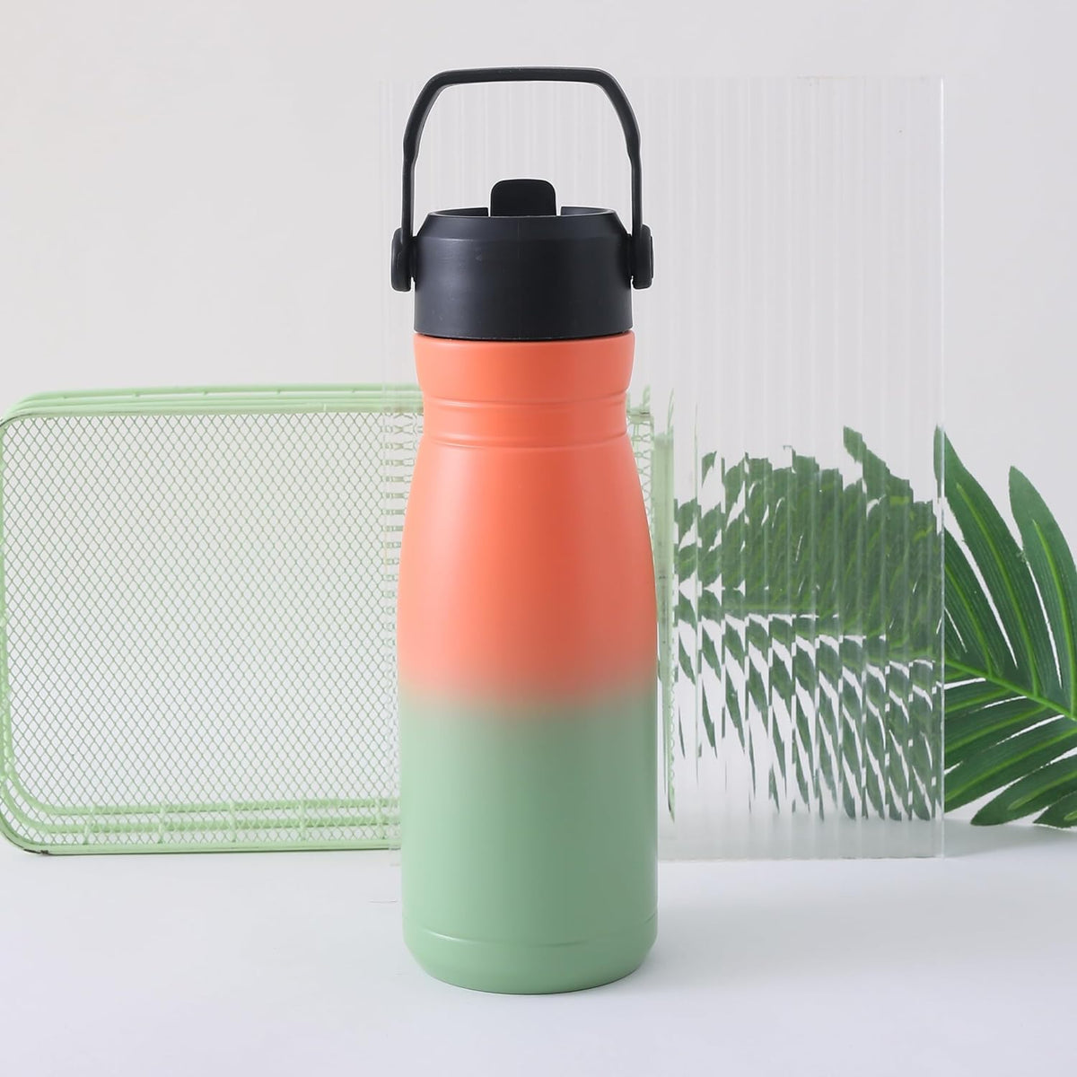 Kuber Industries Vacuum Insulated Water Bottle | Stainless Steel Sipper Bottle with Handle | Hot & Cold Water Bottle | Leakproof, BPA Free, Rustproof | 780 ML | Orang & Green